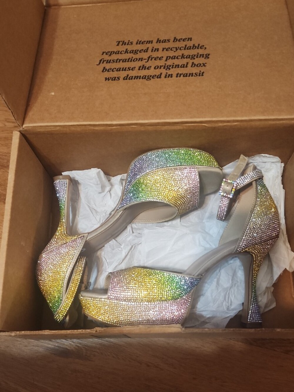 Mix No. 6 Gold-Pink Green Ombre Crystal Ankle-Strap Heels
